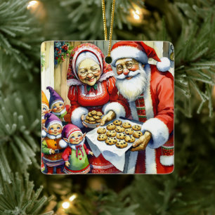 Meneer en mevrouw Santa Claus, Cookie en Elfen Ker Keramisch Ornament