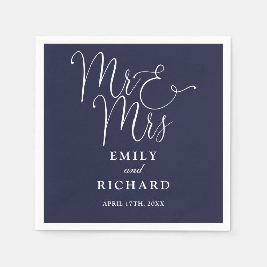 Meneer en mevrouw Script Elegante Navy Blue Weddin Servet (Voorkant)