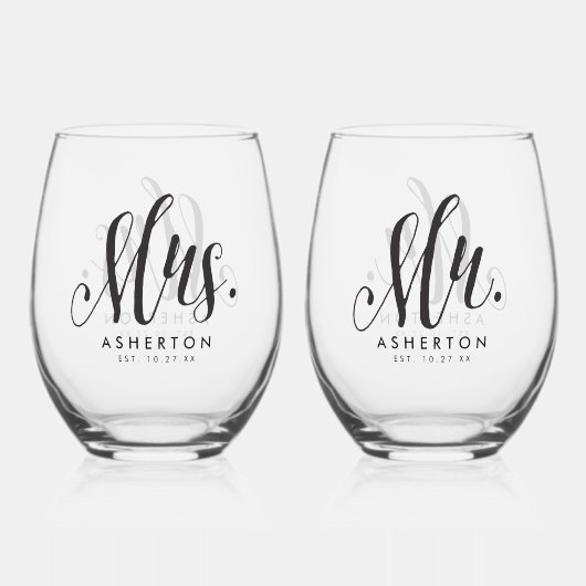 Meneer en mevrouw script nieuw getrouwd gepersonal wijnglas zonder voet (Achterkant)