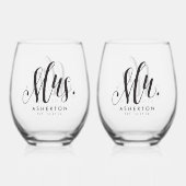 Meneer en mevrouw script nieuw getrouwd gepersonal wijnglas zonder voet (Voorkant)