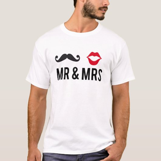 Meneer en mevrouw, snor en rode lippen t-shirt (Voorkant)