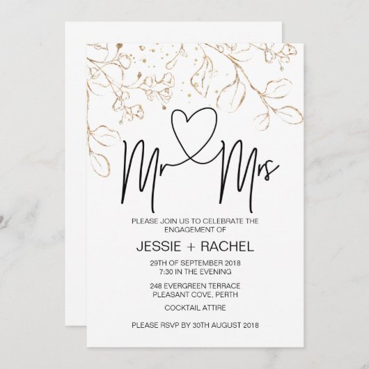 Meneer en mevrouw Verloving Modern Gold verloofd Kaart (Voorkant / Achterkant)