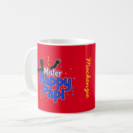 Meneer Happy Papi met Uw Naam op ROOD Koffiemok (Voorkant links)