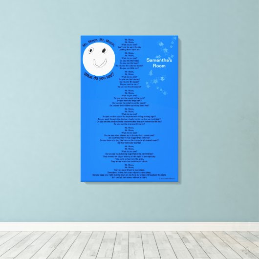 Meneer Maan Blauwe Witte Sterren Naam 18" x 27" Canvas Afdruk (Insitu (Houten vloer))