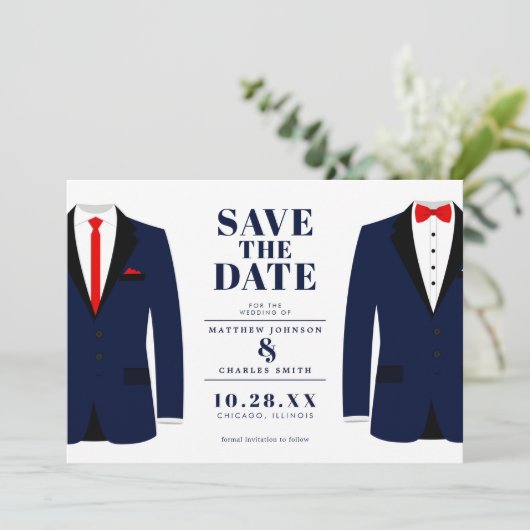 Meneer & Meneer Modern Huwelijk Navy Smoking - Bew Save The Date (Staand voorkant)