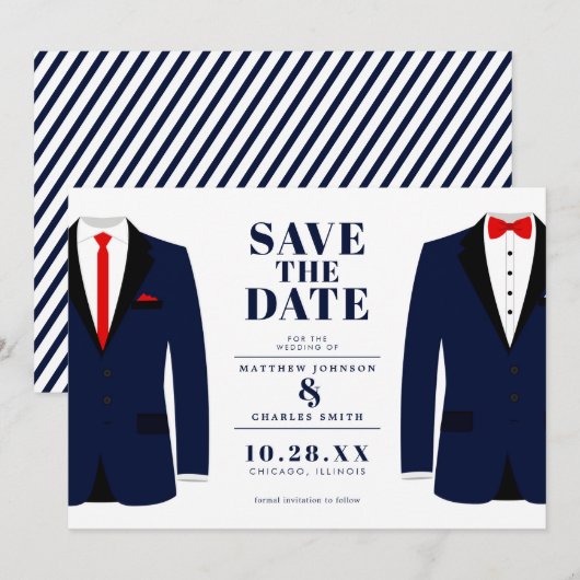 Meneer & Meneer Modern Trouwen Navy Pak - Bewaar d Save The Date (Voorkant / Achterkant)
