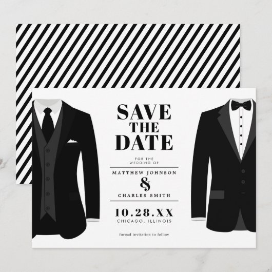 Meneer & Meneer Modern Zwart Trouwpak - Save the D Date (Voorkant / Achterkant)
