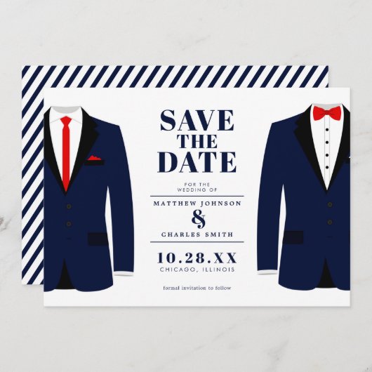 Meneer & Meneer Moderne Trouwdatum Navy Pak - Save Save The Date (Voorkant / Achterkant)