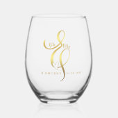 Meneer & Mevrouw Goud kalligrafie Ampersand Trouw  Wijnglas Zonder Voet (Voorkant)