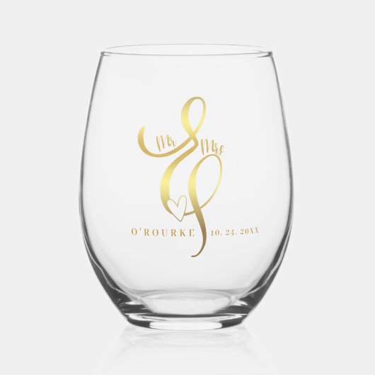 Meneer & Mevrouw Goud kalligrafie Ampersand Trouw  Wijnglas Zonder Voet (Voorkant)