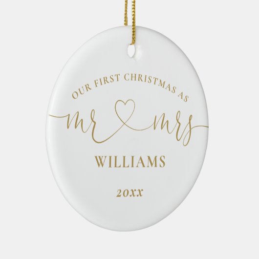 Meneer Mevrouw Goud Liefde Hart Onze Eerste Kerst  Keramisch Ornament (Rechts)