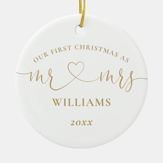 Meneer Mevrouw Goud Liefde Hart Onze Eerste Kerst  Keramisch Ornament (Voorkant)