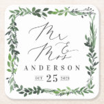 Meneer & mevrouw leafy waterverf elegant kartonnen onderzetters<br><div class="desc">rustieke waterverf blad lijst bruiloft onderzetters. Geometrisch lijst met bladdecoratie van bladgroen met waterverf. Onderdeel van een collectie.</div>