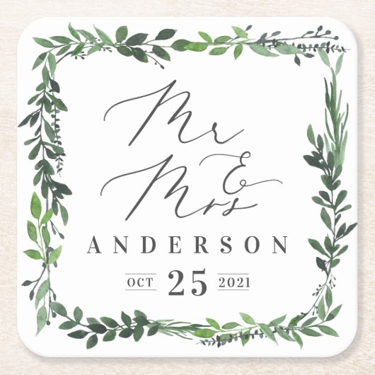 Meneer & mevrouw leafy waterverf elegant kartonnen onderzetters (Voorkant)