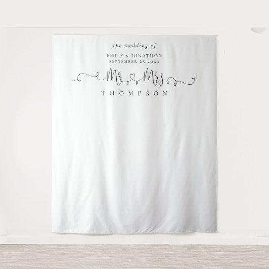 Meneer Mevrouw Naam Ringen Hart Script Foto Achter Wandkleed (Voorkant)