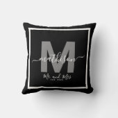 Meneer Mevrouw Naam Zwart Pasgetrouwd Monogram Kussen (Achterkant)