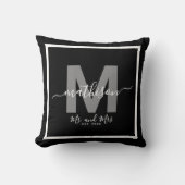 Meneer Mevrouw Naam Zwart Pasgetrouwd Monogram Kussen (Voorkant)