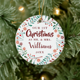 Meneer Mevrouw Onze Eerste Kerst Florale Foto Keramisch Ornament