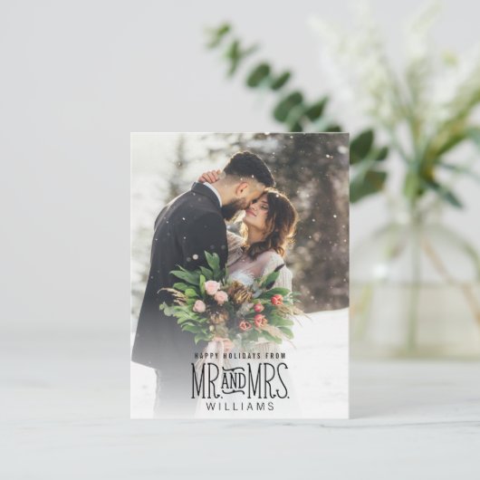 Meneer & mevrouw Pas getrouwd met de hand beletter Feestdagenkaart (Staand voorkant)