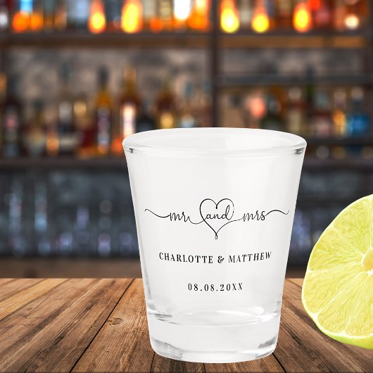 Meneer mevrouw pasgetrouwden huwelijksfeest shot glas