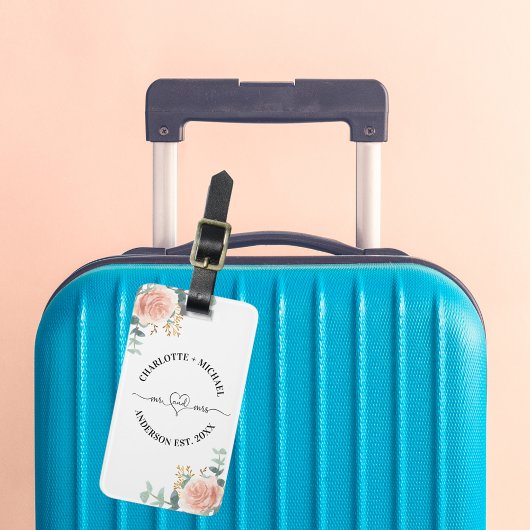 Meneer mevrouw pasgetrouwden roos gouden bloemen g bagagelabel