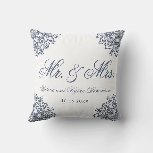 Meneer & Mevrouw Trouw Wit Blauw Elegant Schrift Kussen (Achterkant)