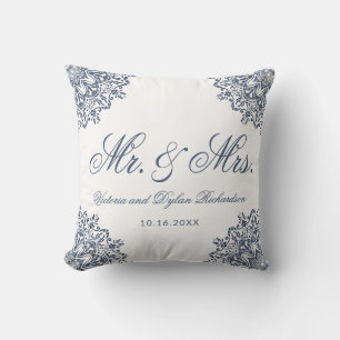 Meneer & Mevrouw Trouw Wit Blauw Elegant Schrift Kussen