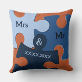 Meneer & Mevrouw Trouwdatum Blauwe en Oranje Puzze Kussen (Achterkant)