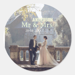 Meneer & Mevrouw voeg familienaam foto datum bruil Ronde Sticker