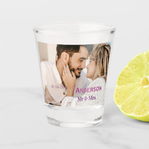 Meneer & Mevrouw voeg familienaam foto datum bruil Shot Glas