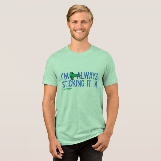 Meneer Nosey die rondneust | Blauwe letters Tri-Blend Shirt (Voorkant volledig)