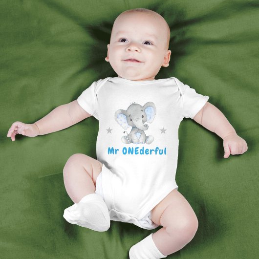 Meneer Onederful Eerste 1e Verjaardag Blauwe Olifa Romper