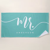 Meneer Teal En Wit Pasgetrouwd Bruidegom Persoonli Strandlaken (Voorkant)