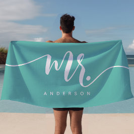 Meneer Teal En Wit Pasgetrouwd Bruidegom Persoonli Strandlaken