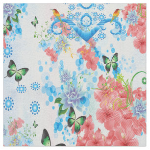 Meng Blauw abstract met zalmkleurbloemen Stof