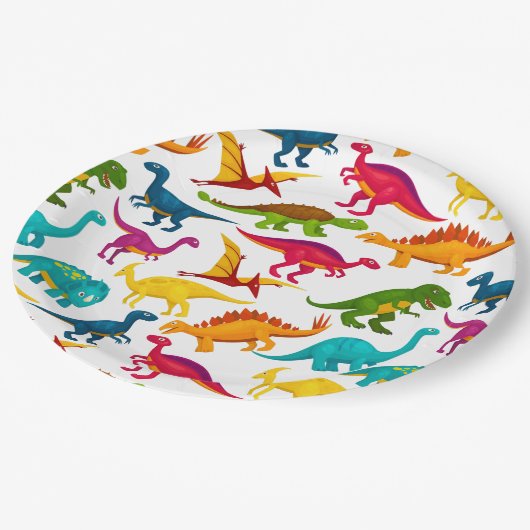 Mengsel van kleurrijke dinosaurussen in zwart canv papieren bordje (Gekanteld)