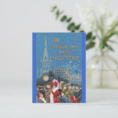 Menigte gelukkige feestvierders met hoorns op nieu feestdagenkaart (Staand voorkant)