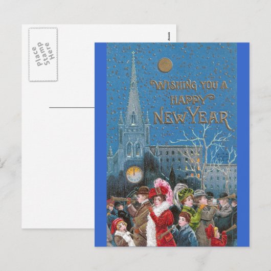 Menigte gelukkige feestvierders met hoorns op nieu feestdagenkaart (Voorkant / Achterkant)