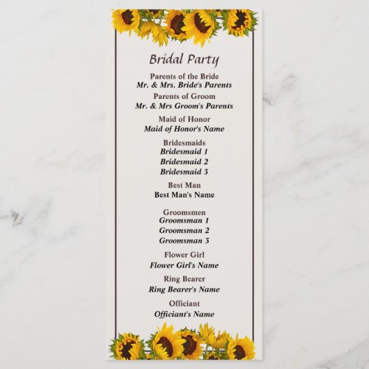 Menigte van Zonnebloemen Trouwprogramma Programmakaart (Achterkant)