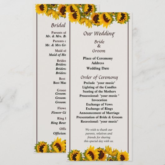 Menigte van Zonnebloemen Trouwprogramma Programmakaart (Voorkant / Achterkant)
