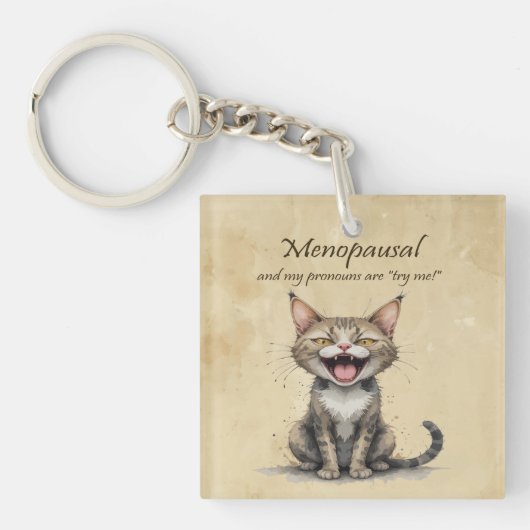 Menopauze Humor Gestrest Boze Kat Sleutelhanger (Voorkant)
