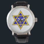 Menorah Binnen de ster van David Horloge<br><div class="desc">Blauw en goud ontwerp. Menorah Binnen de ster van David</div>