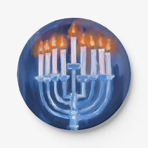 Menorah Blauwe Hanukka Aquarel Vakantie Papieren Bordje