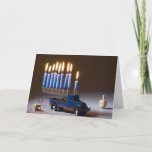 Menorah Blue Truck Chanukah Kaart<br><div class="desc">Verstuur Chanoekah groeten met een Menorah op een blauwe vrachtwagen met droesels.</div>