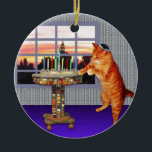 menorah cat.jpg keramisch ornament<br><div class="desc">Niet alleen voor Chanukah nog meer - deze  gember licht de kaarsen aan,  want er is hier een geweldig wonder gebeurd!</div>