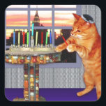 Menorah cat.jpg vierkante sticker<br><div class="desc">Niet alleen voor Chanoeka meer - deze  gember verlicht de kaarsen omdat hier een groot wonder gebeurde!</div>