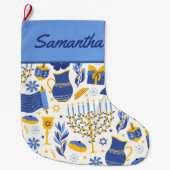 Menorah & Dreidel Blue Chanoeka kous Grote Kerstsok (Voorkant)