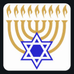 Menorah en de ster van David Vierkante Sticker<br><div class="desc">Gouden menora met blauwe davidster in het midden onderaan</div>