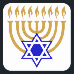 Menorah en de ster van David Vierkante Sticker<br><div class="desc">Gouden menora met blauwe davidster in het midden onderaan</div>