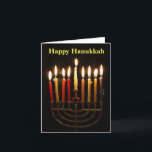 Menorah en kaarsen Chanoeka Gevouwen Kaart<br><div class="desc">Het is tijd om de menora voor Chanoeka aan te steken! Kaarsen gloeien op de 8e nacht van Chanoeka,  zoals afgebeeld in een feest thuis. Traditioneel gevouwen notitie,  leeg binnen voor uw bericht. Het bericht op de voorkant is ook aanpasbaar,  zodat u kunt personaliseren zoals u wilt.</div>